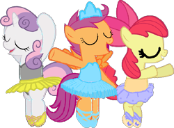 Size: 949x698 | Tagged: safe, artist:angrymetal, apple bloom, scootaloo, sweetie belle, earth pony, pegasus, pony, unicorn, 1000 hours in ms paint, arms in the air, ballerina, ballerinas, ballet, ballet slippers, clothes, cutie mark crusaders, en pointe, eyes closed, jewelry, leotard, open mouth, simple background, tiara, transparent background, tutu