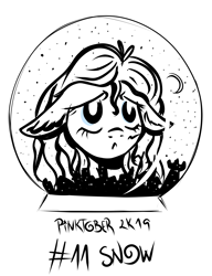 Size: 2220x2888 | Tagged: safe, artist:coco-drillo, derpibooru import, pinkie pie, earth pony, pony, bust, city, despair, desperate, ear fluff, floppy ears, inktober, monochrome, pinktober, sad, snow, snow globe, solo, wet mane