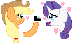 Size: 1124x687 | Tagged: safe, artist:raritybro, derpibooru import, applejack, rarity, earth pony, pony, unicorn, crying, female, happy birthday mlp:fim, heart, lesbian, marriage proposal, mlp fim's ninth anniversary, ms paint, rarijack, ring, shipping, smiling, tears of joy, wedding ring