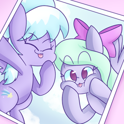 Size: 1280x1280 | Tagged: safe, artist:typhwosion, cloudchaser, flitter, pegasus, pony, :3, :p, cheek squish, cute, cutechaser, duo, eyes closed, female, flitterbetes, no pupils, photo, silly, sisters, squishy cheeks, tongue out