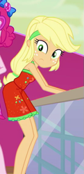 Size: 277x573 | Tagged: safe, screencap, applejack, pinkie pie, better together, equestria girls, spring breakdown, clothes, cropped, female, freckles, geode of sugar bombs, legs, magical geodes, offscreen character, sleeveless