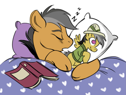 Size: 1011x764 | Tagged: safe, artist:nelfs, daring do, quibble pants, earth pony, pony, stranger than fan fiction, bed, blanket, body pillow, book, cute, daring daki, eyes closed, male, pillow, profile, quibblebetes, sleeping, solo, stallion