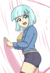 Size: 1336x1959 | Tagged: safe, artist:sumin6301, coco pommel, equestria girls, clothes, equestria girls-ified, female, jacket, looking at you, open mouth, shorts, simple background, white background