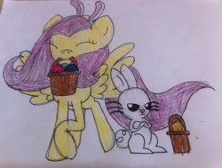 Size: 1024x773 | Tagged: safe, artist:spiderfingers15, angel bunny, fluttershy, pegasus, pony, angel is not amused, angry, basket, bunny ears, bunnyshy, crossed arms, cute, duo, easter, easter egg, eyes closed, headband, holiday, mouth hold, raised hoof, shyabetes, traditional art