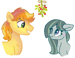 Size: 1929x1488 | Tagged: safe, artist:dreamscapevalley edits, edit, braeburn, marble pie, a happy ending for marble pie, blushing, braebetes, braeble, christmas, cute, eye contact, female, hair tie, hearth's warming, heartwarming, holiday, looking at each other, male, marblebetes, mare, mistleholly, mistletoe, romantic, shipping, simple background, smiling, stallion, straight, white background