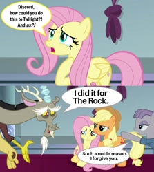 Size: 978x1098 | Tagged: safe, edit, edited screencap, screencap, applejack, discord, fluttershy, maud pie, draconequus, earth pony, pegasus, pony, the ending of the end, applejack is not amused, applejack's hat, beard, canterlot throne room, caption, comforting, comic, cowboy hat, crying, discord tries to defend himself, dwayne johnson, exploitable meme, eyebrows, facial hair, female, forgiveness, glare, grin, hat, image macro, male, mare, meme, nervous, nervous grin, pun, rikishi, rock, screencap comic, sitting, smiling, speech bubble, sports, teary eyes, text, that pony sure does love rocks, the rock, unamused, wrestling, wwf