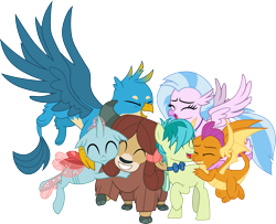 Size: 3701x3000 | Tagged: safe, artist:cloudyglow, gallus, ocellus, sandbar, silverstream, smolder, yona, changedling, changeling, classical hippogriff, dragon, earth pony, griffon, hippogriff, pony, yak, she's all yak, .ai available, bow, bowtie, cloven hooves, colored hooves, cute, diaocelles, diastreamies, dragoness, eyes closed, female, gallabetes, group hug, hair bow, hug, jewelry, male, monkey swings, necklace, necktie, sandabetes, simple background, smolderbetes, student six, teenager, transparent background, vector, yonadorable
