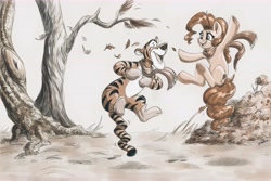 Size: 9000x6000 | Tagged: safe, artist:faline-art, pinkie pie, big cat, earth pony, pony, tiger, absurd resolution, armpits, autumn, clothes, crossover, female, jumping, looking at each other, mare, open mouth, outdoors, scarf, sepia, smiling, tail stand, tigger, winnie the pooh