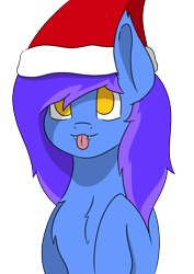 Size: 4961x7016 | Tagged: safe, artist:skylarpalette, oc, oc only, oc:skylar night, bat pony, :p, bat pony oc, christmas, colored, fluffy, hat, holiday, hooves to the chest, long mane, looking up, santa hat, shading, simple background, simple shading, tongue out
