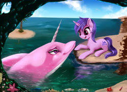 Size: 6300x4550 | Tagged: safe, artist:darksly, sea swirl, seafoam, crab, dolphin, pony, unicorn, background pony, commission, female, mare, ocean, smiling, starfish