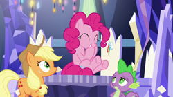 Size: 1920x1080 | Tagged: safe, screencap, applejack, pinkie pie, spike, dragon, earth pony, pony, the last laugh, cutie map, winged spike