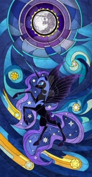 Size: 1600x3045 | Tagged: safe, artist:kanochka, nightmare moon, alicorn, pony, ethereal mane, female, full moon, mare, mare in the moon, moon, rearing, shooting star, stained glass, stained glass window, starry mane
