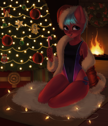 Size: 3000x3500 | Tagged: safe, artist:licoricefairy, oc, oc only, oc:windsweeper, anthro, earth pony, anthro oc, black swimsuit, candy, candy cane, christmas, christmas gift, christmas tree, clothes, coat, female, fire, fireplace, food, hat, hearth's warming, high cut, holiday, kneeling, mare, mare only, one-piece swimsuit, open mouth, open smile, present, santa hat, short mane, sitting, smiling, smiling at you, solo, sugar cane, swimsuit, tree, violet swimsuit, wet, x-mas