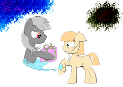 Size: 3508x2480 | Tagged: safe, artist:twinblade edge, pony, birthday, cellphone, earbuds, gift giving, phone, raised hoof, smiling, surprised