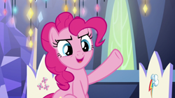 Size: 1920x1080 | Tagged: safe, screencap, pinkie pie, earth pony, pony, the last laugh, female, mare, open mouth, raised hoof, smiling, solo, underhoof