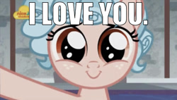 Size: 640x364 | Tagged: safe, edit, edited screencap, editor:undeadponysoldier, screencap, cozy glow, pegasus, pony, school raze, chocolate with nuts, cozy glow is best facemaker, cozybetes, cute, female, filly, foal, i love you, logo, looking at you, meme, nick jr., patrick star, reference, smiling, spongebob squarepants, talking to viewer