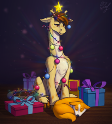 Size: 2727x3000 | Tagged: safe, artist:phenya, oc, dog, giraffe, candy, candy cane, christmas, christmas lights, food, holiday, present, sitting, unamused