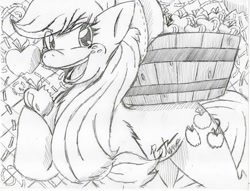 Size: 1021x782 | Tagged: safe, artist:petanoprime, applejack, earth pony, pony, apple, bucket, female, food, freckles, hoof hold, mare, monochrome, open mouth, signature, smiling, solo, traditional art