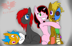 Size: 3065x1991 | Tagged: safe, artist:fiercewendigo, oc, oc only, oc:cherry fudge, oc:gear head, oc:strait jacket, oc:yoki, earth pony, pony, unicorn, zombie, bondage, earth pony oc, grin, heterochromia, horn, insanity, sitting, smiling, straitjacket, unicorn oc