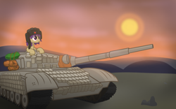 Size: 4000x2500 | Tagged: safe, artist:pizzamovies, oc, oc only, oc:tenk pone, earth pony, pony, cannon, clothes, cloud, female, hat, mare, setting sun, show accurate, solo, t-72, tank (vehicle)