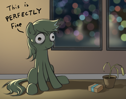 Size: 1495x1186 | Tagged: safe, artist:amarthgul, oc, oc:anon, pony, christmas, christmas tree, holiday, potted plant, solo, this is fine, tree