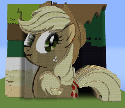 Size: 830x716 | Tagged: safe, artist:kjhf, derpibooru import, applejack, earth pony, pony, the return of harmony, 3d, game screencap, liar face, liarjack, minecraft, minecraft pixel art, pixel art, scrunchy face, solo