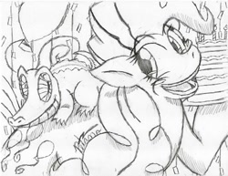 Size: 1018x784 | Tagged: safe, artist:petanoprime, gummy, pinkie pie, alligator, earth pony, pony, balloon, cake, duo, female, food, hoof hold, lineart, mare, monochrome, open mouth, signature, smiling, traditional art