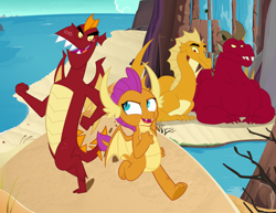 Size: 924x714 | Tagged: safe, artist:queencold, garble, smolder, oc, oc:caldera, oc:maximus, dragon, beach, brother and sister, dragon oc, dragoness, dune, family, female, gem, male, mountain, mountain range, ocean, parent, running, siblings, teenaged dragon, tree, water, waterfall