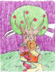 Size: 2550x3335 | Tagged: safe, artist:petanoprime, apple bloom, applejack, earth pony, pony, apple, apple tree, applejack's parents, bow, dead, duo, fanfic art, female, filly, food, gravestone, hair bow, hat, mare, night, shooting star, traditional art, tree