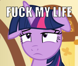 Size: 1255x1053 | Tagged: safe, edit, edited screencap, screencap, twilight sparkle, twilight sparkle (alicorn), alicorn, a flurry of emotions, annoyed, caption, cropped, floppy ears, fml, image macro, reaction image, solo, text, vulgar