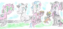 Size: 2133x997 | Tagged: safe, artist:ptitemouette, oc, oc:cricket thunder, oc:drosophile, oc:glowing radiance, oc:ladybug, oc:mantis, oc:rainbow bug, hybrid, aunt and niece, cousins, female, filly, grandmother and granddaughter, interspecies offspring, magical lesbian spawn, mother and child, mother and daughter, oc x oc, offspring, parent and child, parent:king sombra, parent:oc:cotton wing, parent:oc:drosophile, parent:oc:fluffle puff, parent:oc:glowing radiance, parent:oc:ladybug, parent:oc:rainbow bug, parent:oc:sweet rain, parent:queen chrysalis, parent:radiant hope, parents:canon x oc, parents:chrysipuff, parents:hopebra, shipping, siblings, sisters