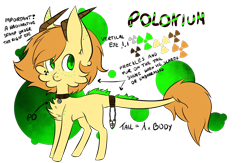 Size: 1024x669 | Tagged: safe, artist:silveer-moon, oc, oc only, oc:polonium, element pony, object pony, original species, pony, cheek fluff, chest fluff, collar, cute, ear fluff, freckles, horn, leonine tail, male, ocbetes, polonium, ponified, radiation, radioactive, reference sheet, simple background, stallion, transparent background