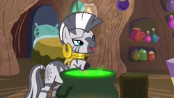 Size: 1920x1080 | Tagged: safe, screencap, zecora, zebra, she talks to angel, bed, cauldron, ear piercing, earring, female, jewelry, mare, neck rings, piercing, potion, solo
