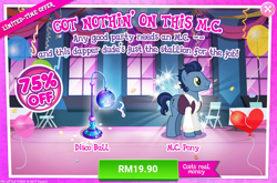 Size: 1034x684 | Tagged: safe, earth pony, pony, advertisement, costs real money, disco ball, gameloft, sale, waxton