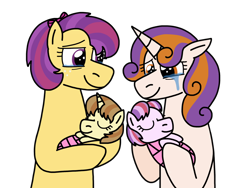 Size: 2048x1536 | Tagged: safe, artist:kindheart525, oc, oc only, oc:chalcedony carnation, oc:diamond mine, oc:golden sword, oc:pippin rose, earth pony, pony, unicorn, baby, baby pony, crying, female, kindverse, lesbian, magical lesbian spawn, mother and child, mother and daughter, oc x oc, offspring, offspring shipping, offspring's offspring, parent and child, parent:apple bloom, parent:button mash, parent:oc:diamond mine, parent:oc:pippin rose, parent:sweetie belle, parent:tender taps, parents:oc x oc, parents:sweetiemash, parents:tenderbloom, shipping