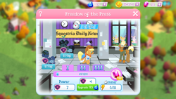 Size: 1920x1080 | Tagged: safe, applejack, nosey news, quill (character), trenderhoof, earth pony, pegasus, pony, unicorn, game screencap, gameloft, limited-time story, scoop (character)