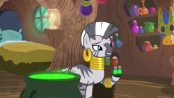 Size: 1920x1080 | Tagged: safe, screencap, zecora, zebra, she talks to angel, bed, candle, cauldron, ear piercing, earring, female, jewelry, leg rings, mare, neck rings, piercing, potion, solo, vial, zecora's hut