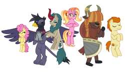 Size: 1130x707 | Tagged: safe, artist:alexeigribanov, gallop j. fry, georgia (character), li'l cheese, luster dawn, earth pony, griffon, kirin, pony, unicorn, yak, the last problem, future six, older, older gallop j. fry, river song (character), simple background, transparent background, yelena