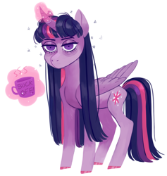 Size: 980x1032 | Tagged: safe, artist:jellybeanbullet, twilight sparkle, twilight sparkle (alicorn), alicorn, pony, coffee, cup, curved horn, female, glowing horn, horn, magic, mare, mug, semi-vulgar, shrunken pupils, simple background, solo, telekinesis, tired, white background