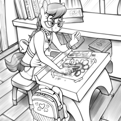 Size: 1992x2000 | Tagged: safe, artist:replica, silver spoon, anthro, earth pony, apron, backpack, braid, clothes, cute, female, finger painting, glasses, grayscale, jewelry, monochrome, necklace, pearl necklace, school, silverbetes, smiling, solo