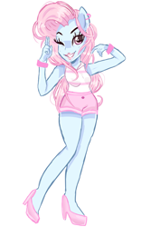 Size: 1999x3001 | Tagged: safe, artist:peachesandcreamated, oc, oc only, oc:lana, equestria girls, bracelet, clothes, female, high heels, jewelry, lipstick, one eye closed, shoes, shorts, simple background, solo, white background, wink