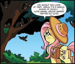 Size: 671x577 | Tagged: safe, artist:brendahickey, edit, idw, fluttershy, bird, crow, pegasus, pony, spoiler:comic, spoiler:comic24, animal, butt, female, hat, mare, murder of crows, plot, saddle bag, speech bubble, tree