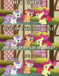 Size: 639x828 | Tagged: safe, edit, edited edit, edited screencap, editor:undeadponysoldier, screencap, apple bloom, scootaloo, sweetie belle, earth pony, pegasus, pony, unicorn, caption, comic, cutie mark crusaders, female, filly, glowing horn, horn, image macro, implied spike, male, screencap comic, shipper on deck, shipping, spikebloom, straight, text