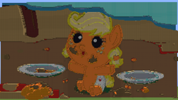 Size: 1366x768 | Tagged: safe, artist:kjhf, derpibooru import, applejack, earth pony, pony, 3d, baby, baby pony, babyjack, foal, game screencap, minecraft, minecraft pixel art, pixel art, solo