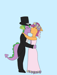 Size: 1536x2048 | Tagged: safe, artist:mintymelody, scootaloo, spike, anthro, a canterlot wedding, clothes, female, flower filly, flower girl, flower girl dress, hat, kissing, male, marriage, scootaspike, shipping, straight, suit, top hat, tuxedo, waltz, wedding