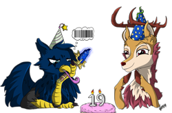Size: 2567x1684 | Tagged: safe, artist:ghouleh, oc, oc only, oc:eid, oc:wisteria evergreen, deer, griffon, barcode, birthday, cake, dota 2, fluffy, food, hat, party hat, scepter, simple background, transparent background