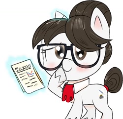 Size: 1036x1000 | Tagged: safe, artist:adarkonensfw, raven, pony, unicorn, my little pony: pony life, ascot, clipboard, glasses, hair bun, taxes