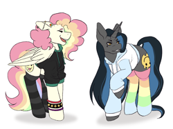 Size: 2732x2048 | Tagged: safe, artist:blacksky1113, oc, oc only, oc:cheery candy, oc:tough cookie (ice1517), pegasus, pony, unicorn, bracelet, cheerycookie, clothes, clothes swap, ear piercing, earring, eyeshadow, female, hoodie, jewelry, lesbian, makeup, mare, multicolored hair, oc x oc, open mouth, piercing, rainbow hair, rainbow socks, raised hoof, shipping, simple background, socks, striped socks, white background, wristband