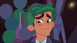 Size: 1280x720 | Tagged: safe, screencap, timber spruce, equestria girls, legend of everfree, blushing, clothes, cute, handsome, male, smiling, solo, suit, timberbetes