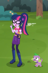 Size: 461x701 | Tagged: safe, screencap, sci-twi, spike, spike the regular dog, twilight sparkle, dog, better together, choose your own ending, equestria girls, the road less scheduled, the road less scheduled: microchips, boots, clothes, cropped, female, geode of telekinesis, glasses, magical geodes, pantyhose, ponytail, shoes, skirt, spike's dog collar, tail